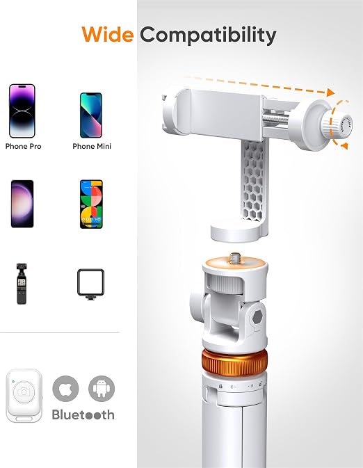 EUCOS 62" Tripod for iPhone, Sturdy Selfie Stick Tripod with Remote&Lightweight Phone Tripod, Solidest Portable Cell Phone Tripod for iPhone Pro Max/Android [Mineral White]